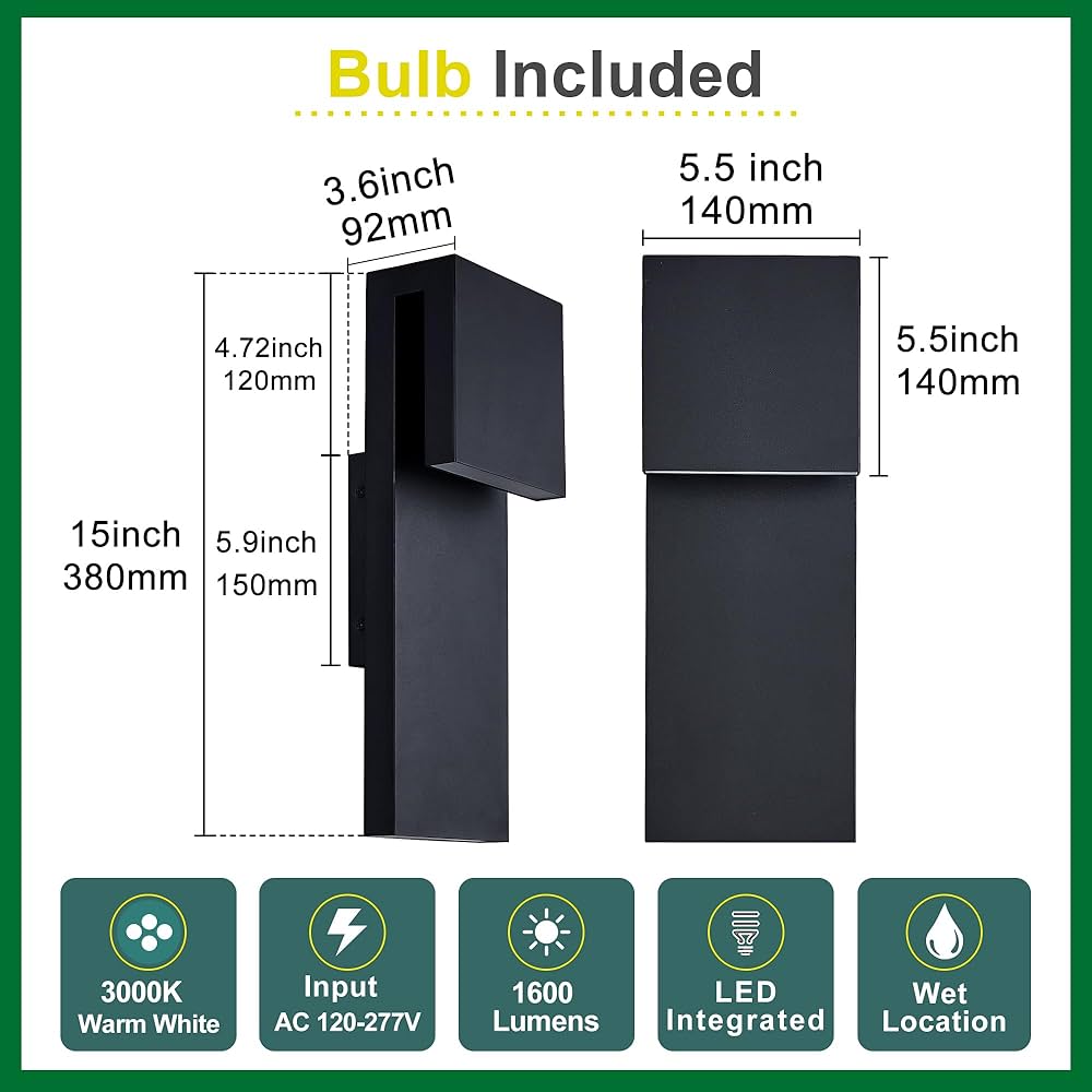Modern LED Outdoor Wall Sconce 17W Integrated LED Outdoor Wall Mount,Anti Rust Textured Black Suit for Wet Locations and All Rooms,Easily Installed in Any Direction.Bulb Included.