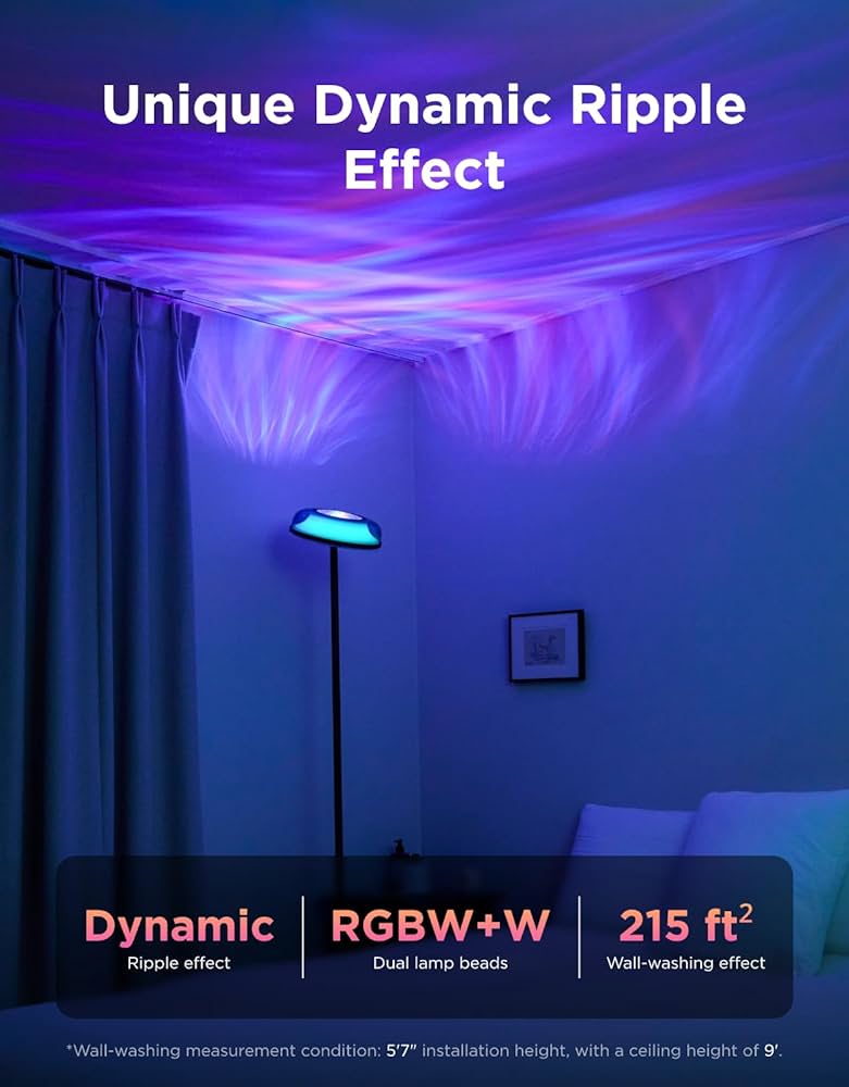 Govee Uplighter Floor Lamp for Living Room, RGBIC Ripple Projector, Floor Lamp for Bedroom, Compatible with SmartThings, Alexa, and Matter, LED Modern Corner Floor Light, Warm Cool White Standing Lamp