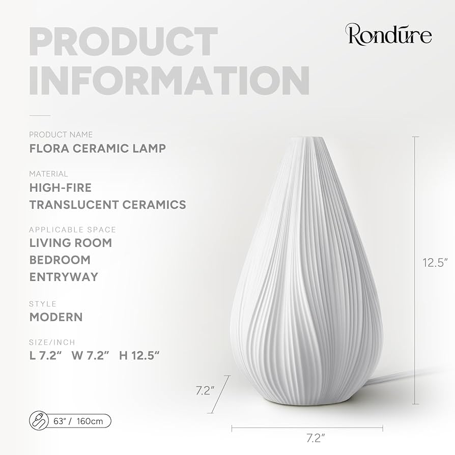 RONDURE 12.5″ Modern Ceramic Table Lamp, Fully Dimmable Modern Bedside Lamps for Bedroom, Living Room and Nightstand, White Translucent Ceramic Shade, Warm Ambient Lighting, Corded, Bulb IncludedI’m