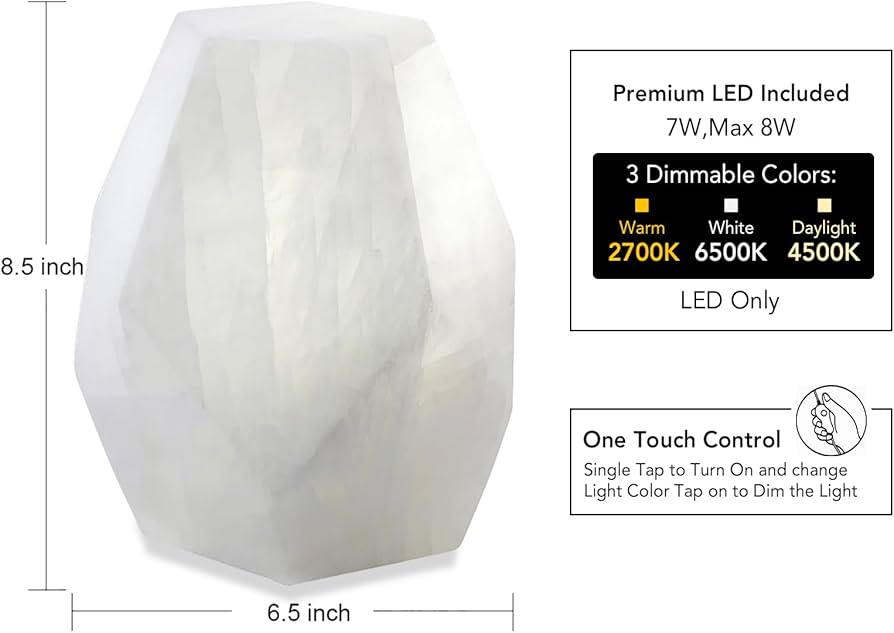 Artsolute Handcrafted Solid Stone Lamp Carved from Natural Calcite, Unique Crystal Texture, Dimmable Small Table Lamp for Bedside, Accent, Pentagon White