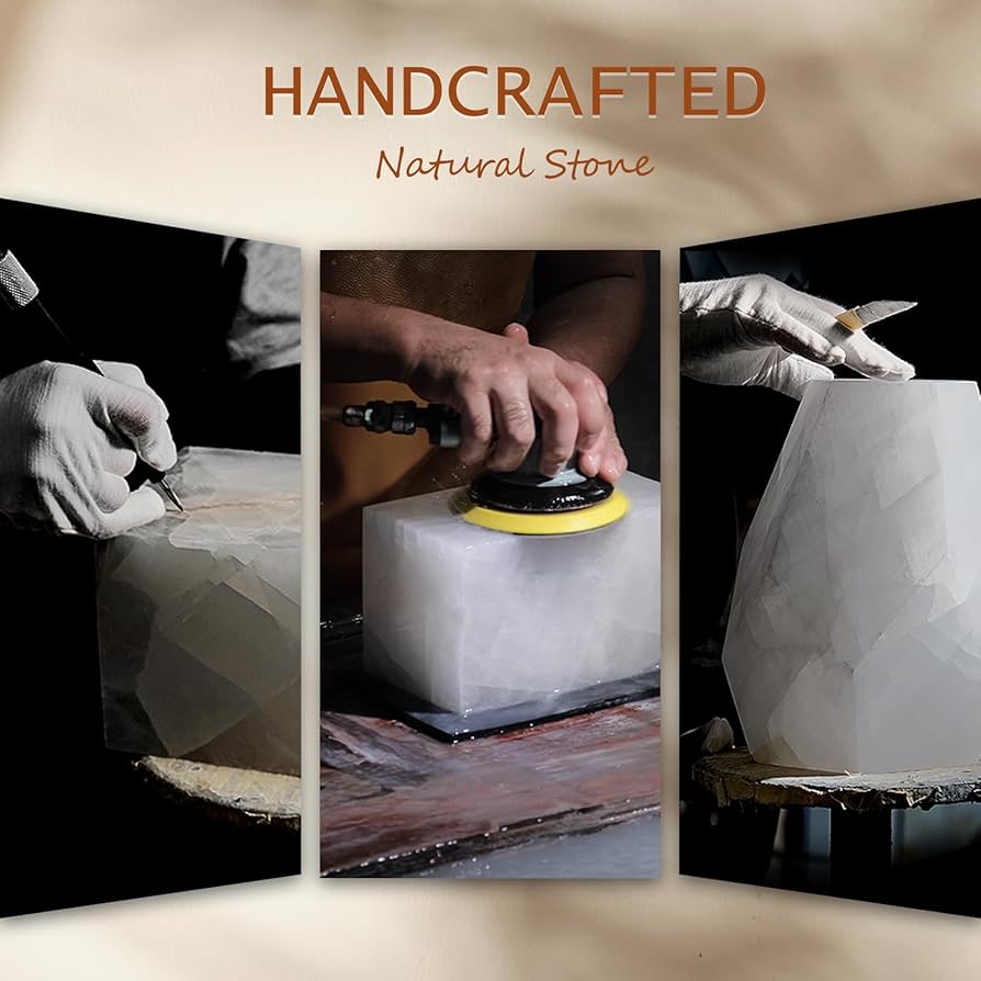 Artsolute Handcrafted Solid Stone Lamp Carved from Natural Calcite, Unique Crystal Texture, Dimmable Small Table Lamp for Bedside, Accent, Pentagon White