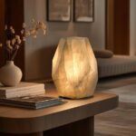 Artsolute Handcrafted Solid Stone Lamp Carved from Natural Calcite, Unique Crystal Texture, Dimmable Small Table Lamp for Bedside, Accent, Pentagon White