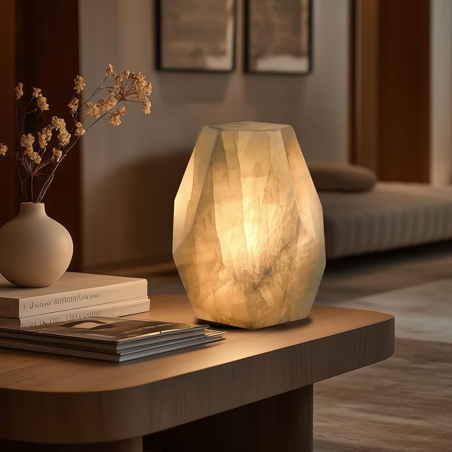 Artsolute Handcrafted Solid Stone Lamp Carved from Natural Calcite, Unique Crystal Texture, Dimmable Small Table Lamp for Bedside, Accent, Pentagon White