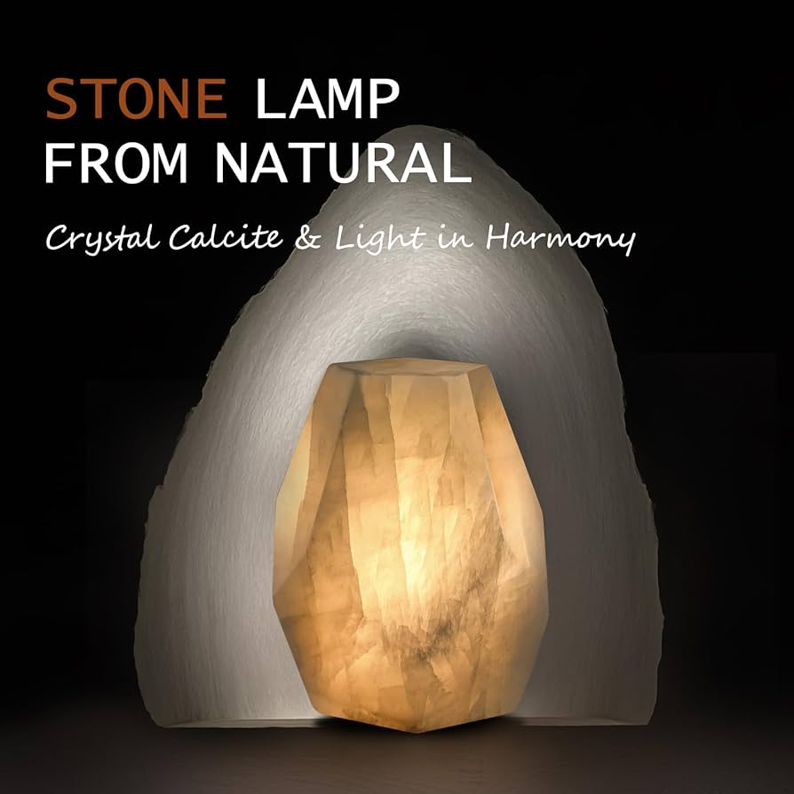 Artsolute Handcrafted Solid Stone Lamp Carved from Natural Calcite, Unique Crystal Texture, Dimmable Small Table Lamp for Bedside, Accent, Pentagon White