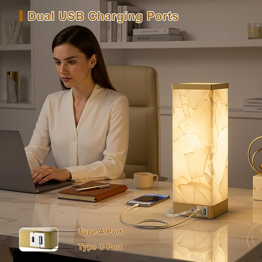 Scenekoy Alabaster Table Lamp for Bedroom Living Room, 3-Way Dimmable Bulb with Memory Function, Modern Bedside Lamps with USB A+C Ports for Nightstand Office Living Room Bedroom(Bulb Included)