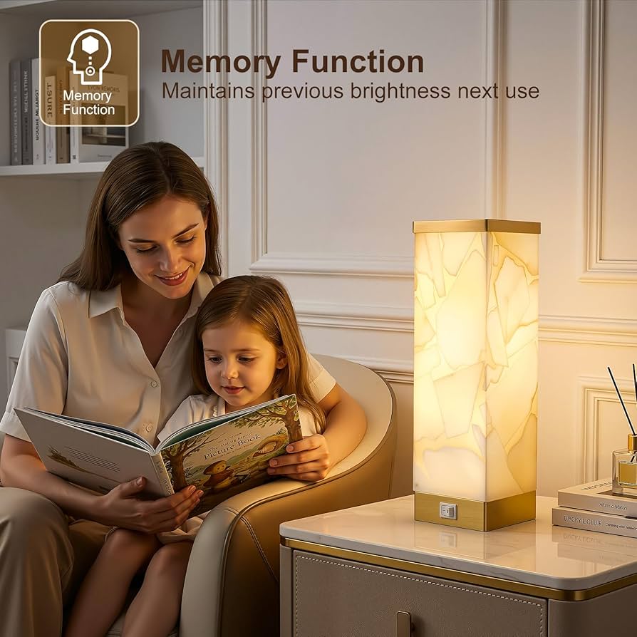 Scenekoy Alabaster Table Lamp for Bedroom Living Room, 3-Way Dimmable Bulb with Memory Function, Modern Bedside Lamps with USB A+C Ports for Nightstand Office Living Room Bedroom(Bulb Included)