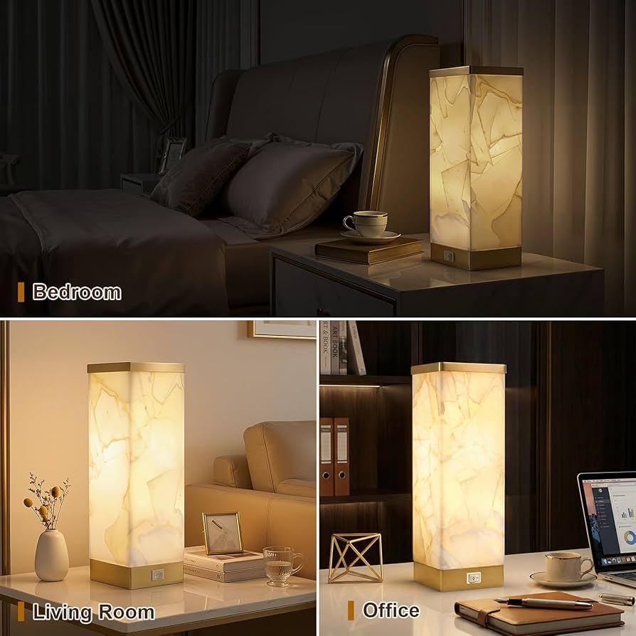 Scenekoy Alabaster Table Lamp for Bedroom Living Room, 3-Way Dimmable Bulb with Memory Function, Modern Bedside Lamps with USB A+C Ports for Nightstand Office Living Room Bedroom(Bulb Included)