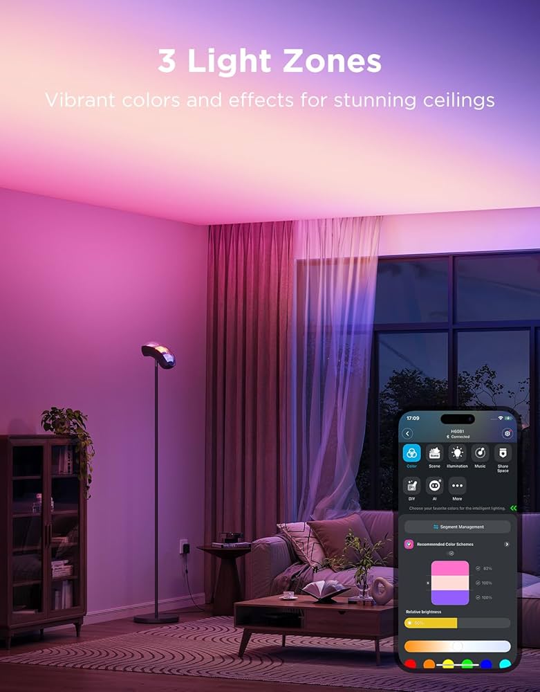 Govee Torchiere Floor Lamp with Matter, Alexa Compatible, RGBIC Warm Cool White Standing Lamp with 77 Scene Modes, Music Sync, 67″ Modern Floor Lamps for Living Room Bedroom, Black, 172 ft² Light Area