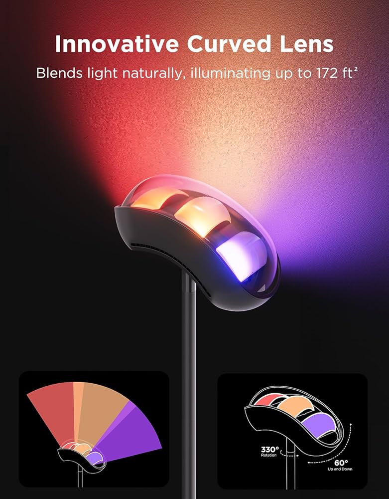 Govee Torchiere Floor Lamp with Matter, Alexa Compatible, RGBIC Warm Cool White Standing Lamp with 77 Scene Modes, Music Sync, 67″ Modern Floor Lamps for Living Room Bedroom, Black, 172 ft² Light Area