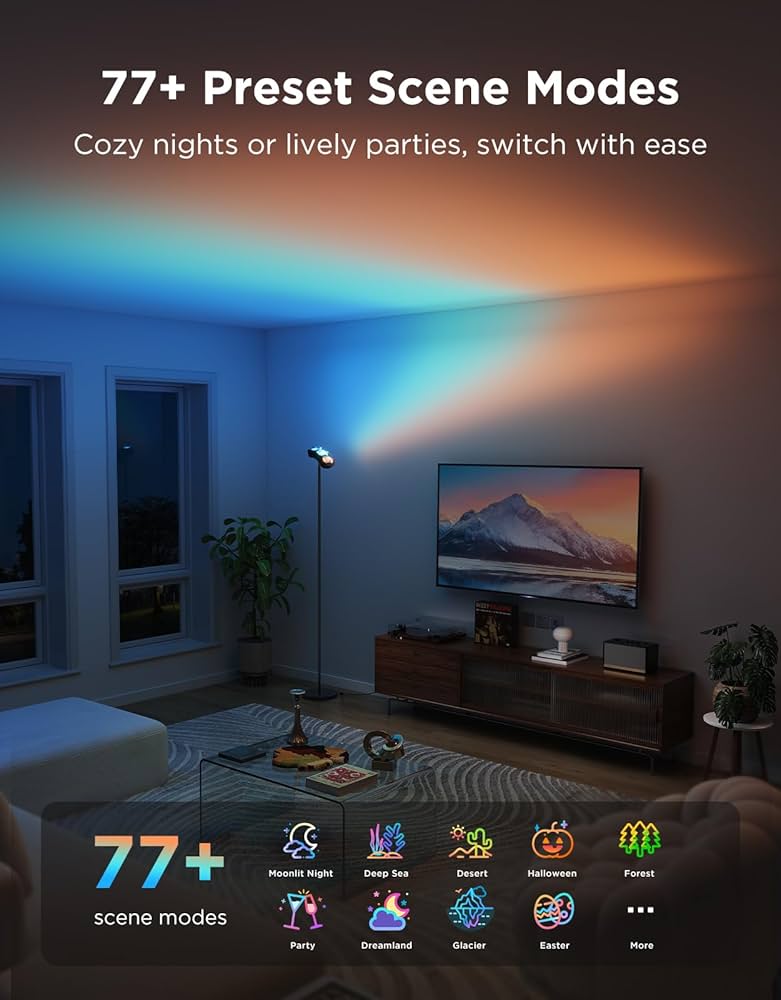 Govee Torchiere Floor Lamp with Matter, Alexa Compatible, RGBIC Warm Cool White Standing Lamp with 77 Scene Modes, Music Sync, 67″ Modern Floor Lamps for Living Room Bedroom, Black, 172 ft² Light Area