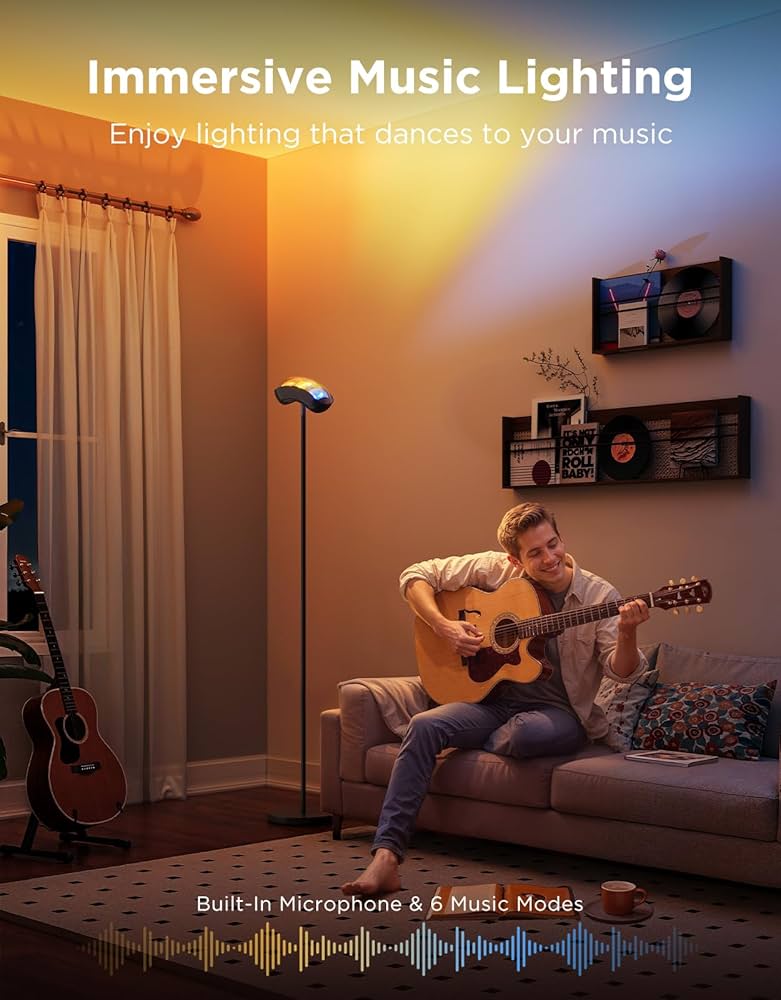 Govee Torchiere Floor Lamp with Matter, Alexa Compatible, RGBIC Warm Cool White Standing Lamp with 77 Scene Modes, Music Sync, 67″ Modern Floor Lamps for Living Room Bedroom, Black, 172 ft² Light Area