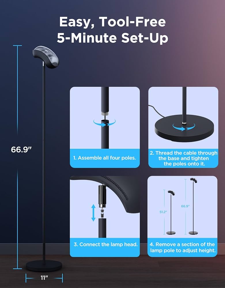 Govee Torchiere Floor Lamp with Matter, Alexa Compatible, RGBIC Warm Cool White Standing Lamp with 77 Scene Modes, Music Sync, 67″ Modern Floor Lamps for Living Room Bedroom, Black, 172 ft² Light Area