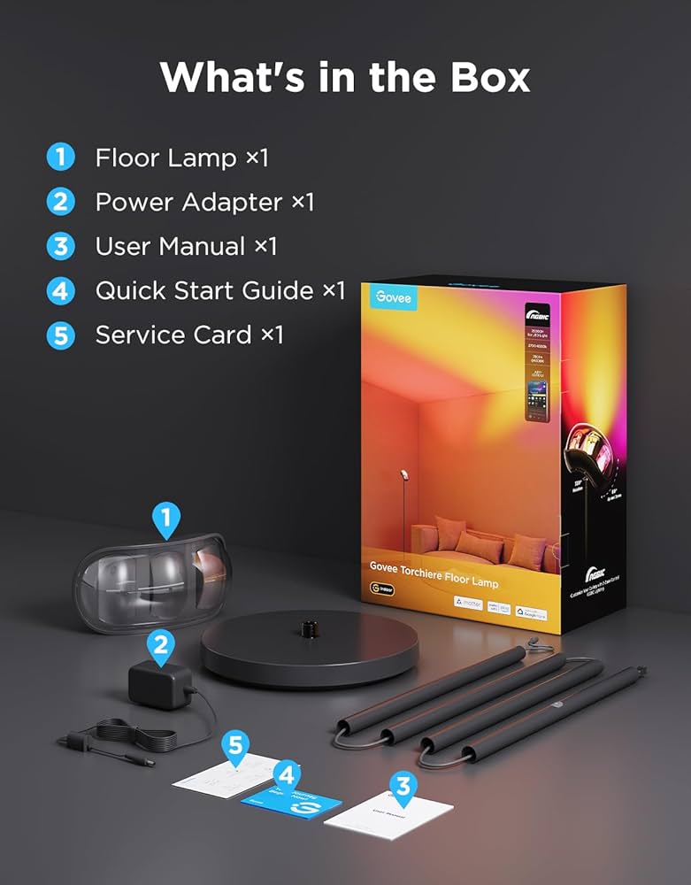 Govee Torchiere Floor Lamp with Matter, Alexa Compatible, RGBIC Warm Cool White Standing Lamp with 77 Scene Modes, Music Sync, 67″ Modern Floor Lamps for Living Room Bedroom, Black, 172 ft² Light Area