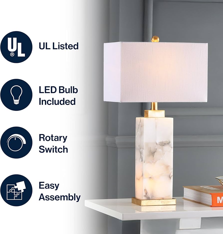 JONATHAN Y JYL6201A Elizabeth 27.5″ Alabaster LED Table Lamp Coastal Contemporary Bedside Desk Nightstand Lamp for Bedroom Living Room Office College Bookcase LED Bulb Included, White/Gold Leaf