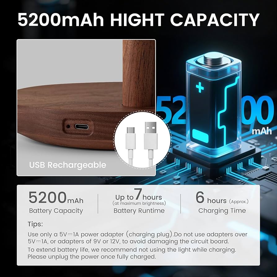 Cordless Table Lamp, Rechargeable Wooden Table Lamp with Touch Control & Adjustable Brightness, Cordless Decorative Bedside Lamp for Bedroom, Home Decor & Unique Gifts, Black Walnut