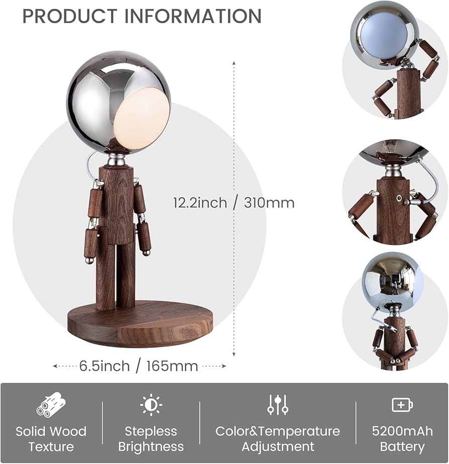Cordless Table Lamp, Rechargeable Wooden Table Lamp with Touch Control & Adjustable Brightness, Cordless Decorative Bedside Lamp for Bedroom, Home Decor & Unique Gifts, Black Walnut
