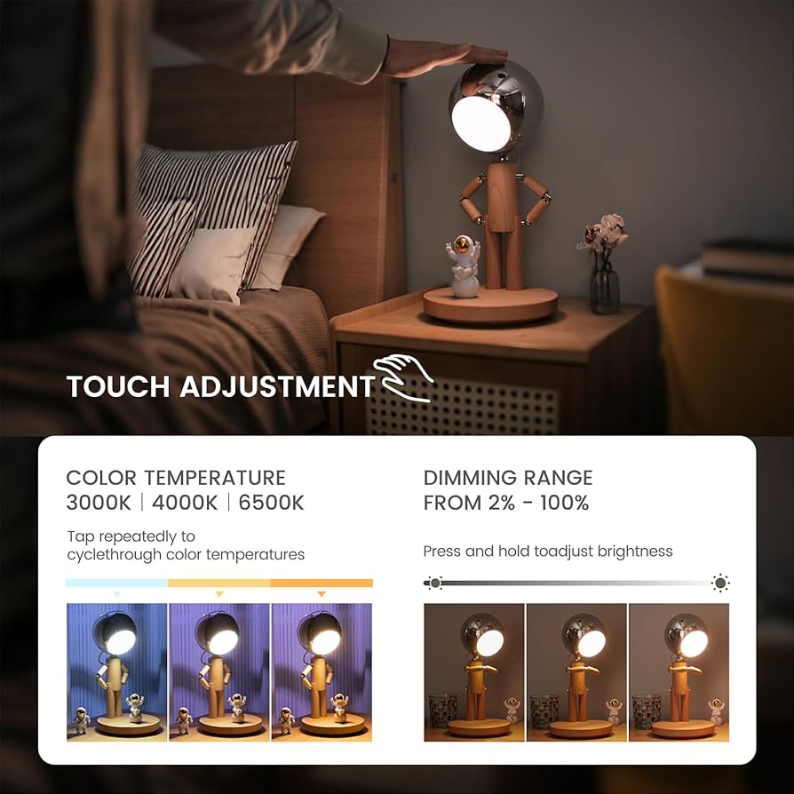 Pause Moon Lamp, Creative Wood LED Desk Lamp, Unique Decorative Lighting for Bedroom, Lamps for Night Stands, Rechargeable Cordless Lamp Office & Gift, Beech Wood