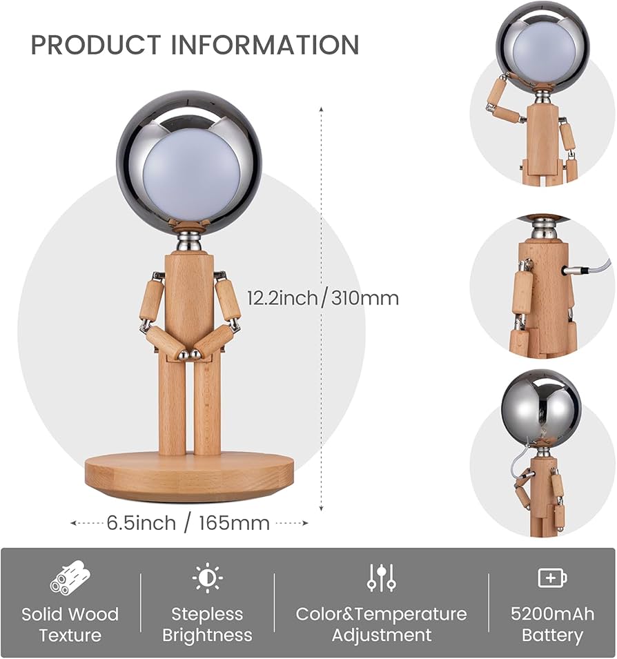 Pause Moon Lamp, Creative Wood LED Desk Lamp, Unique Decorative Lighting for Bedroom, Lamps for Night Stands, Rechargeable Cordless Lamp Office & Gift, Beech Wood