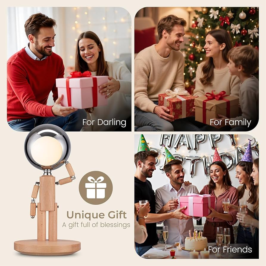 Pause Moon Lamp, Creative Wood LED Desk Lamp, Unique Decorative Lighting for Bedroom, Lamps for Night Stands, Rechargeable Cordless Lamp Office & Gift, Beech Wood