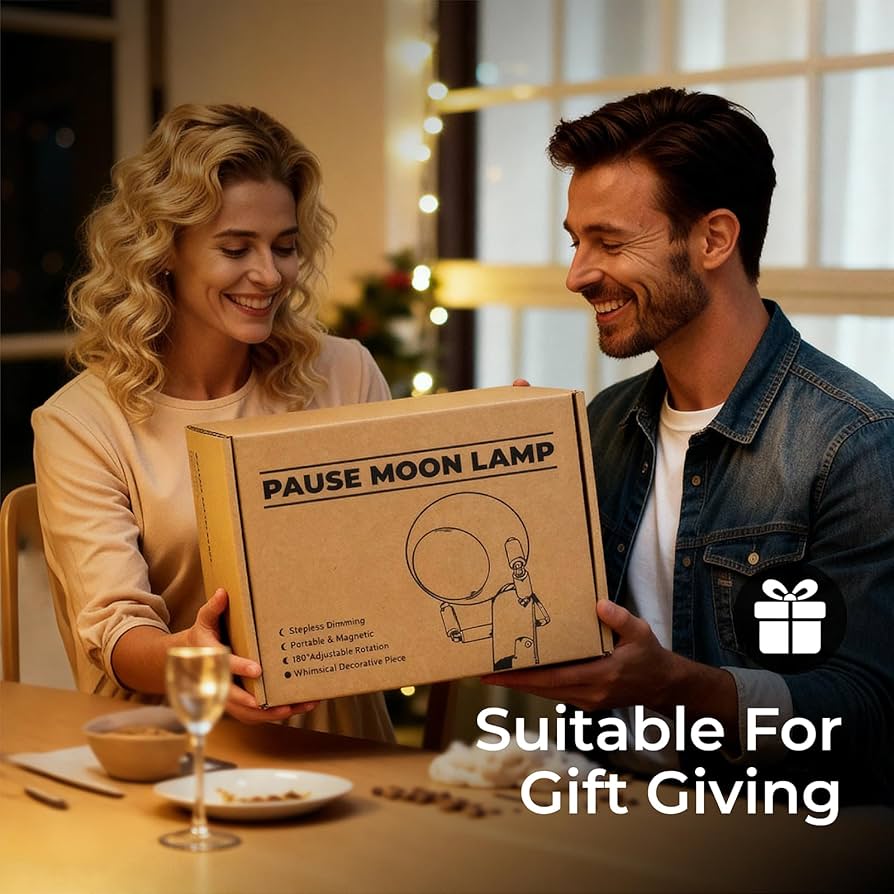 Pause Moon Lamp, Creative Wood LED Desk Lamp, Unique Decorative Lighting for Bedroom, Lamps for Night Stands, Rechargeable Cordless Lamp Office & Gift, Beech Wood