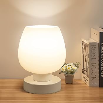 Touch Bedside Table Lamp – Modern Small Lamp for Bedroom Living Room Nightstand, Desk lamp with White Opal Glass Lamp Shade, Warm LED Bulb, 3 Way Dimmable, Simple Design