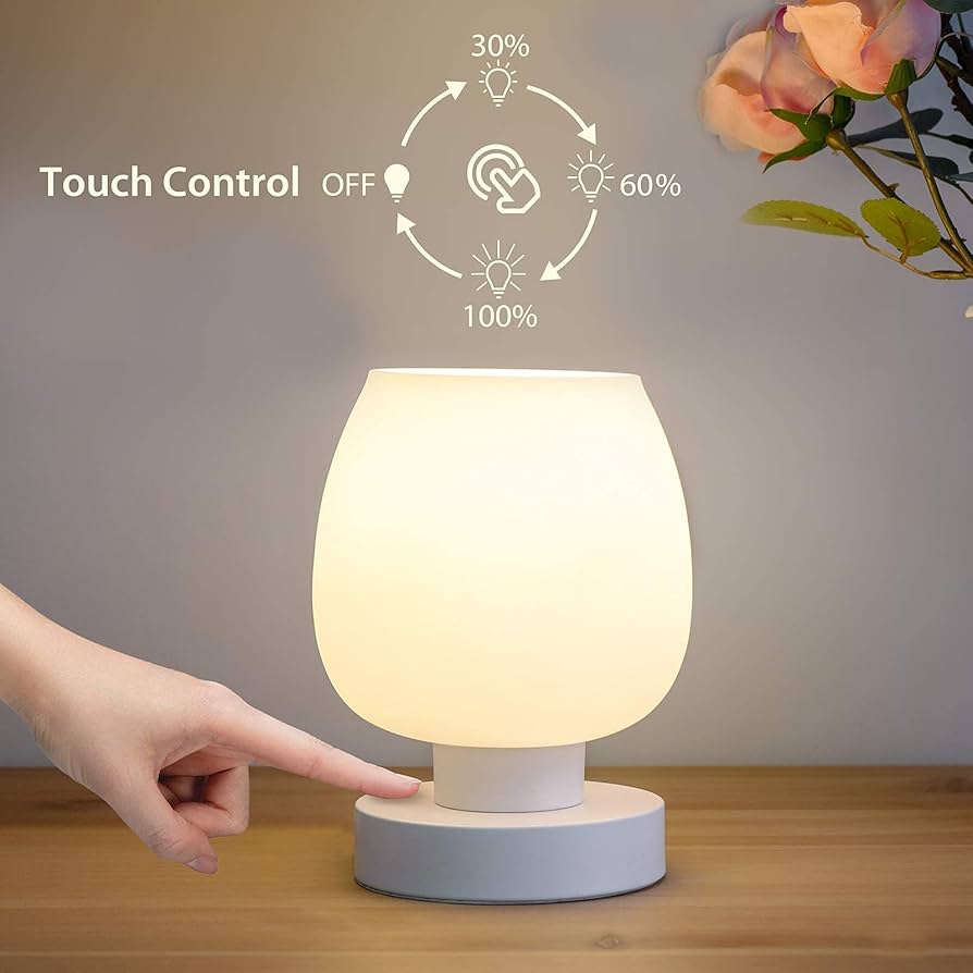 Touch Bedside Table Lamp – Modern Small Lamp for Bedroom Living Room Nightstand, Desk lamp with White Opal Glass Lamp Shade, Warm LED Bulb, 3 Way Dimmable, Simple Design