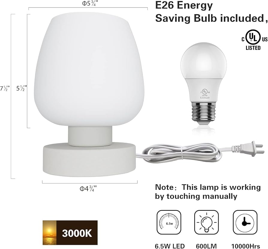 Touch Bedside Table Lamp – Modern Small Lamp for Bedroom Living Room Nightstand, Desk lamp with White Opal Glass Lamp Shade, Warm LED Bulb, 3 Way Dimmable, Simple Design