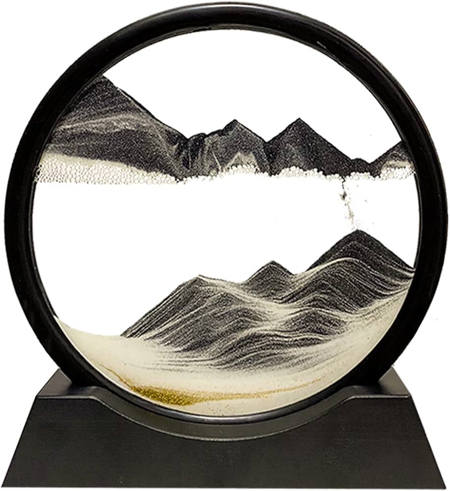 HYUGF Moving Sand Art Picture Decor, 3D Deep Sea Sandscape Liquid Motion, Round Glass Frame Display Flowing Sand Relaxing Gift for Kids Adults Home Office Work Desktop Decoration Toy (Black, 7″)