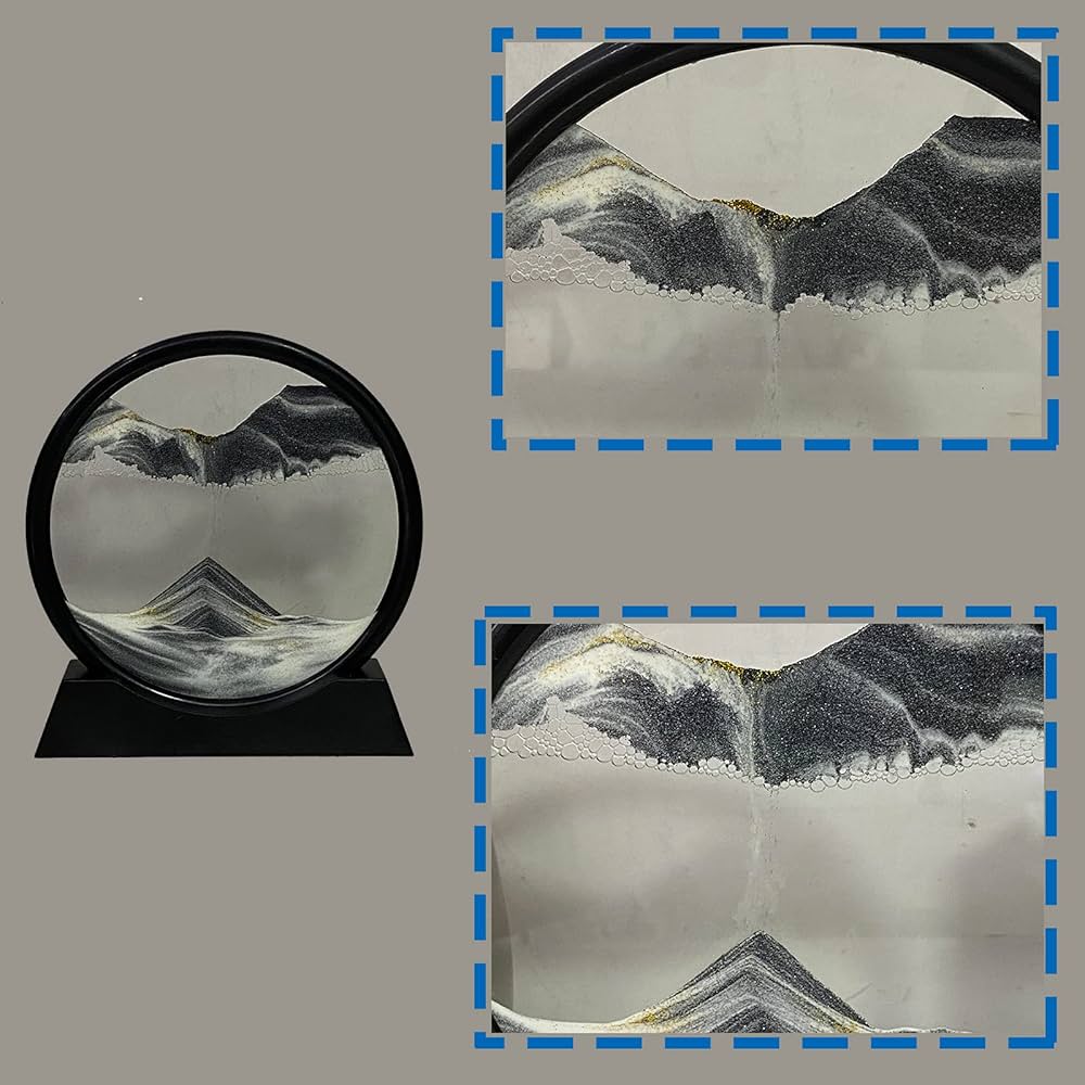 HYUGF Moving Sand Art Picture Decor, 3D Deep Sea Sandscape Liquid Motion, Round Glass Frame Display Flowing Sand Relaxing Gift for Kids Adults Home Office Work Desktop Decoration Toy (Black, 7″)