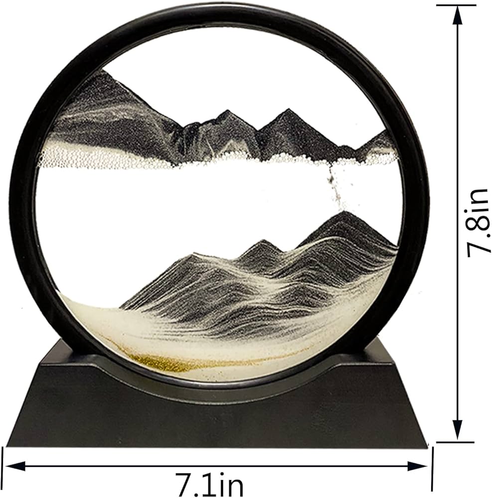 HYUGF Moving Sand Art Picture Decor, 3D Deep Sea Sandscape Liquid Motion, Round Glass Frame Display Flowing Sand Relaxing Gift for Kids Adults Home Office Work Desktop Decoration Toy (Black, 7″)