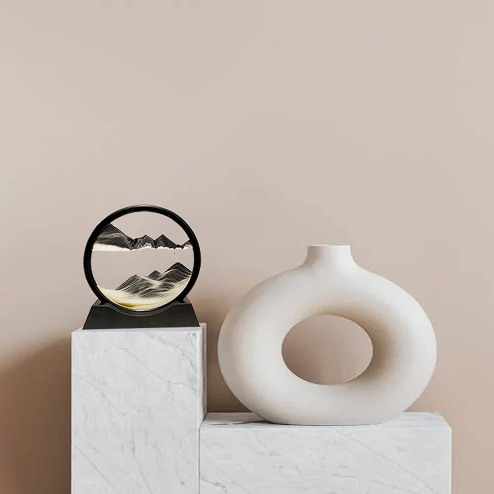 HYUGF Moving Sand Art Picture Decor, 3D Deep Sea Sandscape Liquid Motion, Round Glass Frame Display Flowing Sand Relaxing Gift for Kids Adults Home Office Work Desktop Decoration Toy (Black, 7″)