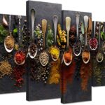 iHAPPYWALL Kitchen Pictures Wall Decor 4 Pieces Couful Spice in Spoon Vintage Canvas Wall Art Food Photos Painting On Canvas Stretched Framed Home Decoration Gift Ready to Hang