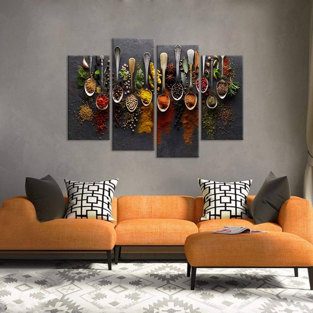 iHAPPYWALL Kitchen Pictures Wall Decor 4 Pieces Couful Spice in Spoon Vintage Canvas Wall Art Food Photos Painting On Canvas Stretched Framed Home Decoration Gift Ready to Hang