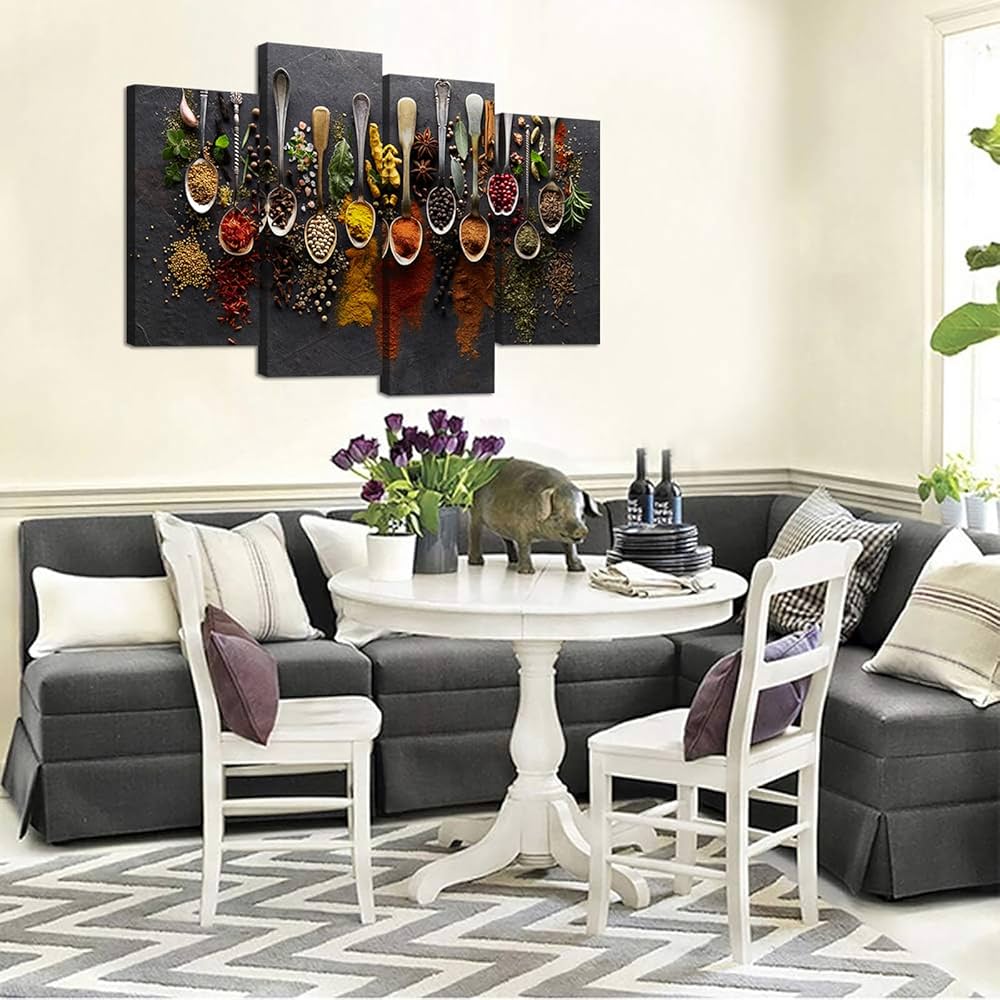 iHAPPYWALL Kitchen Pictures Wall Decor 4 Pieces Couful Spice in Spoon Vintage Canvas Wall Art Food Photos Painting On Canvas Stretched Framed Home Decoration Gift Ready to Hang