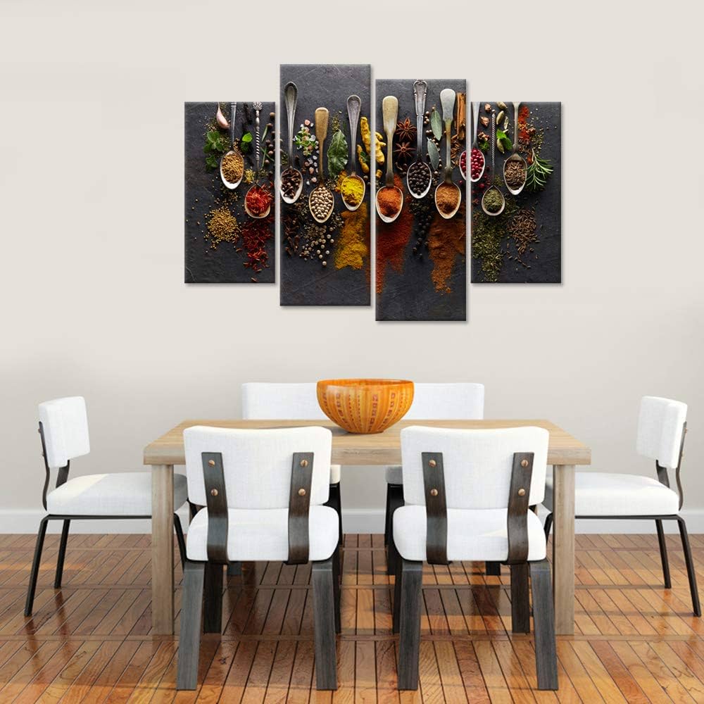 iHAPPYWALL Kitchen Pictures Wall Decor 4 Pieces Couful Spice in Spoon Vintage Canvas Wall Art Food Photos Painting On Canvas Stretched Framed Home Decoration Gift Ready to Hang