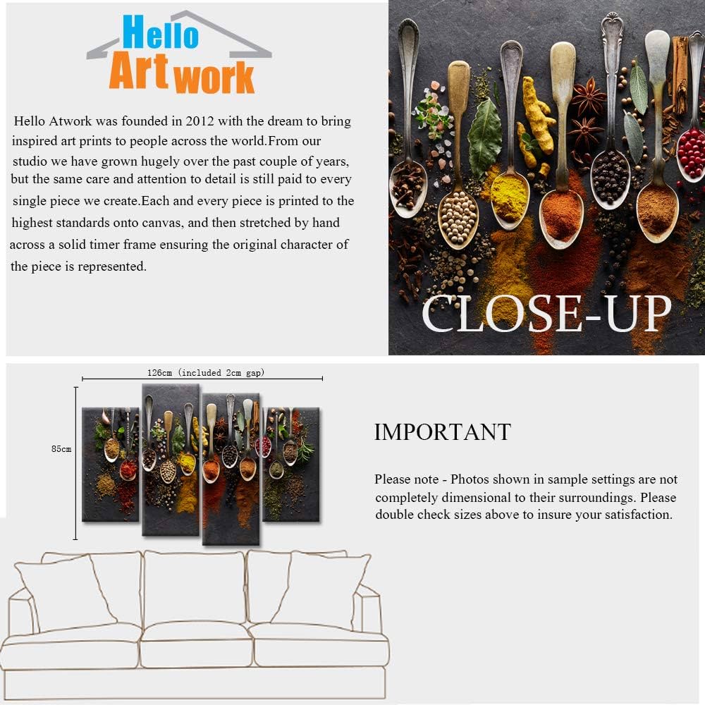 iHAPPYWALL Kitchen Pictures Wall Decor 4 Pieces Couful Spice in Spoon Vintage Canvas Wall Art Food Photos Painting On Canvas Stretched Framed Home Decoration Gift Ready to Hang