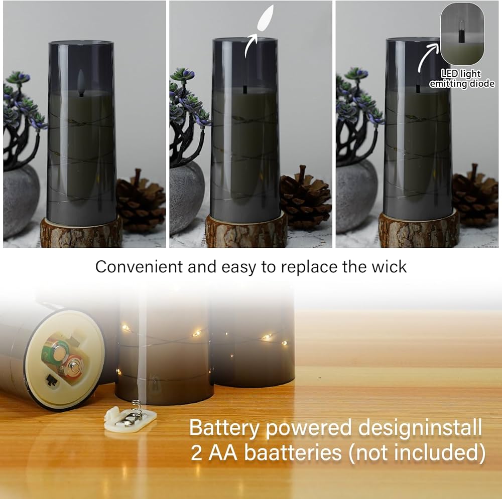 Flameless LED Candles with Timer 5 Pc Flickering Flameless Candles for Romantic Ambiance and Home Decoration Stable Acrylic Shell,with Embedded Star String，Battery Operated Candles（Grey）