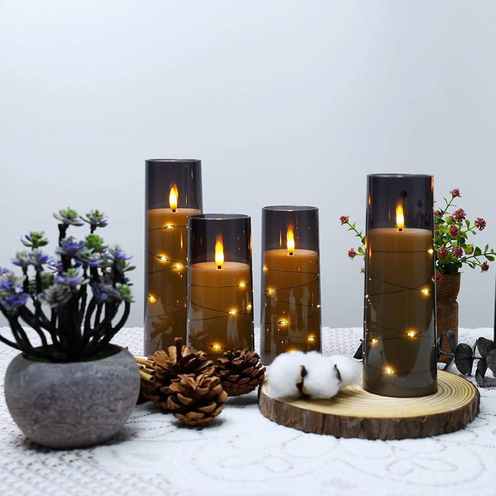 Flameless LED Candles with Timer 5 Pc Flickering Flameless Candles for Romantic Ambiance and Home Decoration Stable Acrylic Shell,with Embedded Star String，Battery Operated Candles（Grey）