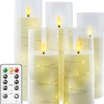 Flameless LED Candles with Timer 5 Pc Flickering Flameless Candles for Romantic Ambiance and Home Decoration Stable Acrylic Shell,with Embedded Star String，Battery Operated Candles（Ivory）