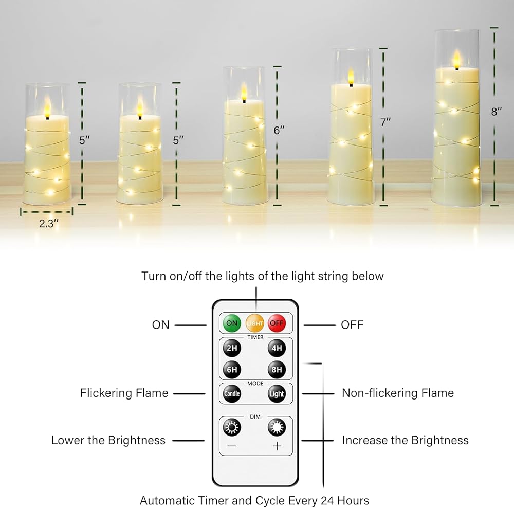 Flameless LED Candles with Timer 5 Pc Flickering Flameless Candles for Romantic Ambiance and Home Decoration Stable Acrylic Shell,with Embedded Star String，Battery Operated Candles（Ivory）