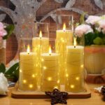 Flameless LED Candles with Timer 5 Pc Flickering Flameless Candles for Romantic Ambiance and Home Decoration Stable Acrylic Shell,with Embedded Star String，Battery Operated Candles（Ivory）