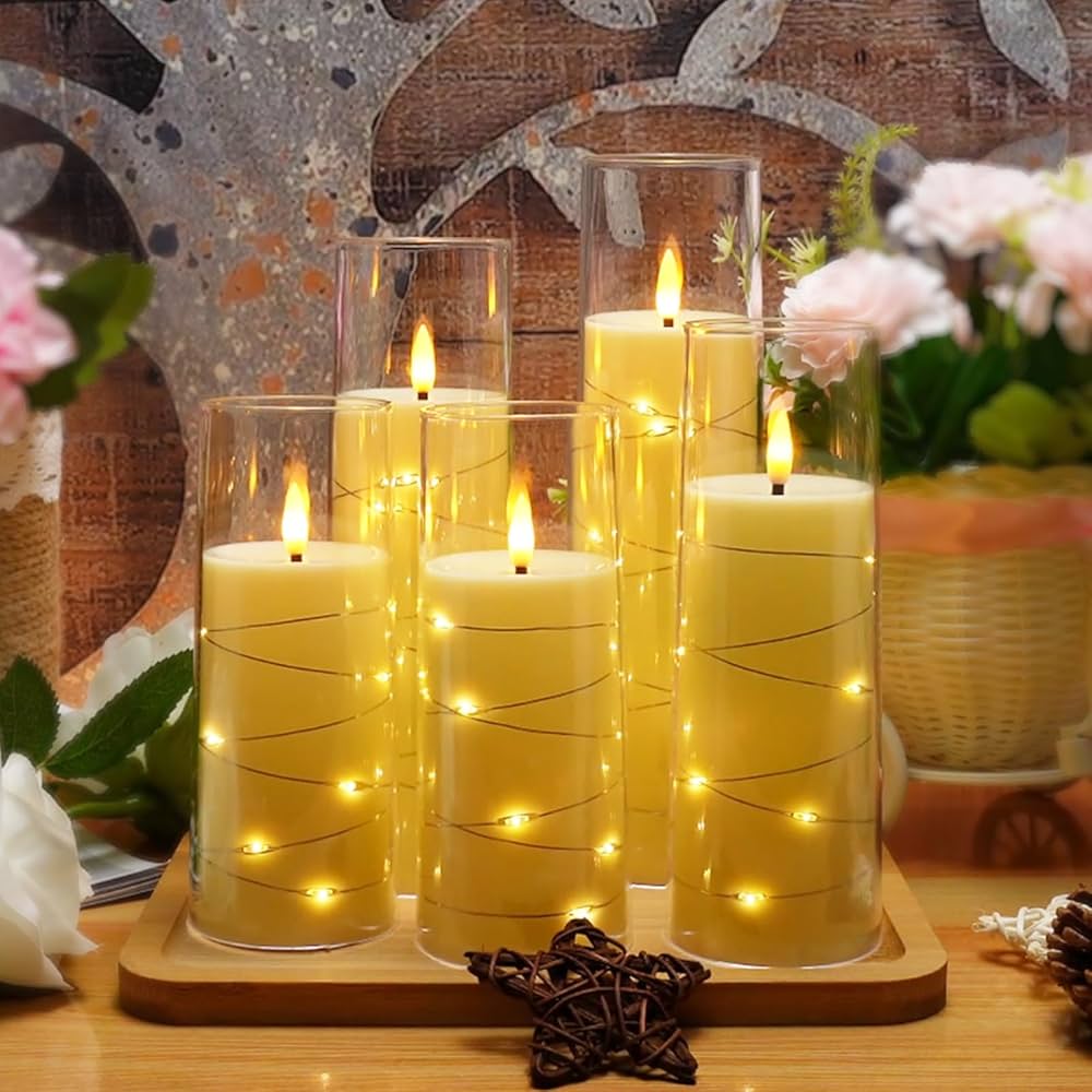 Flameless LED Candles with Timer 5 Pc Flickering Flameless Candles for Romantic Ambiance and Home Decoration Stable Acrylic Shell,with Embedded Star String，Battery Operated Candles（Ivory）