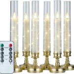 6 PCS Flameless Candles with Remote Timer, Flickering LED Candles Romantic Ambiance with Embedded Star String, Gold Battery Perated Candles Decoration for Wedding Home Table Window Christmas