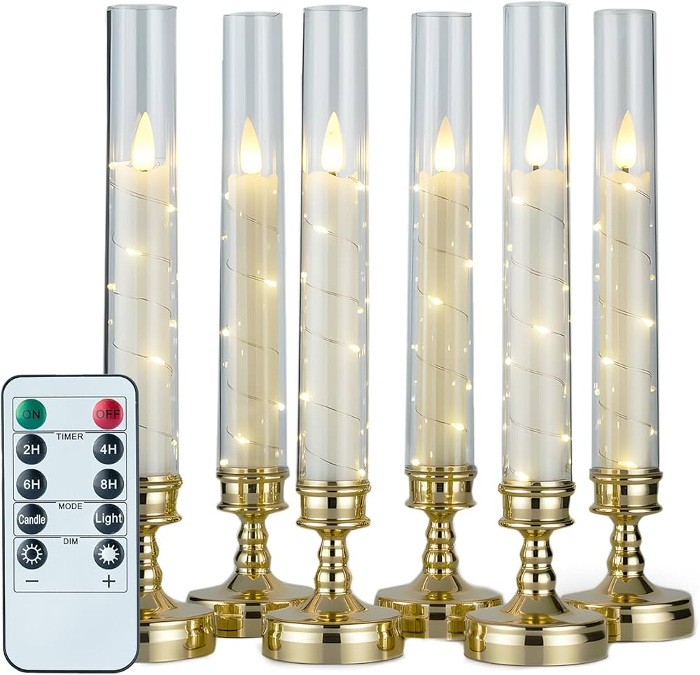 6 PCS Flameless Candles with Remote Timer, Flickering LED Candles Romantic Ambiance with Embedded Star String, Gold Battery Perated Candles Decoration for Wedding Home Table Window Christmas