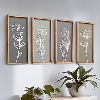 3D Wooden Floral Bathroom Wall Decor (Set of 4) Lightweight, Ready-to-Hang Framed Wall Art For Living Room, Bedroom, or Office – Premium Boho Botanical Farmhouse Decorations – Gift-Boxed