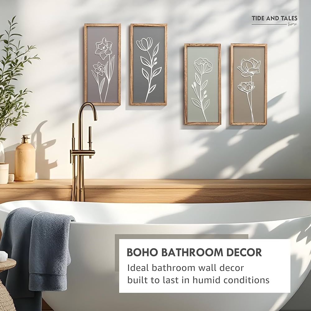 3D Wooden Floral Bathroom Wall Decor (Set of 4) Lightweight, Ready-to-Hang Framed Wall Art For Living Room, Bedroom, or Office – Premium Boho Botanical Farmhouse Decorations – Gift-Boxed
