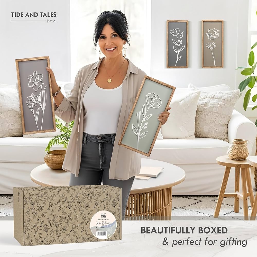 3D Wooden Floral Bathroom Wall Decor (Set of 4) Lightweight, Ready-to-Hang Framed Wall Art For Living Room, Bedroom, or Office – Premium Boho Botanical Farmhouse Decorations – Gift-Boxed