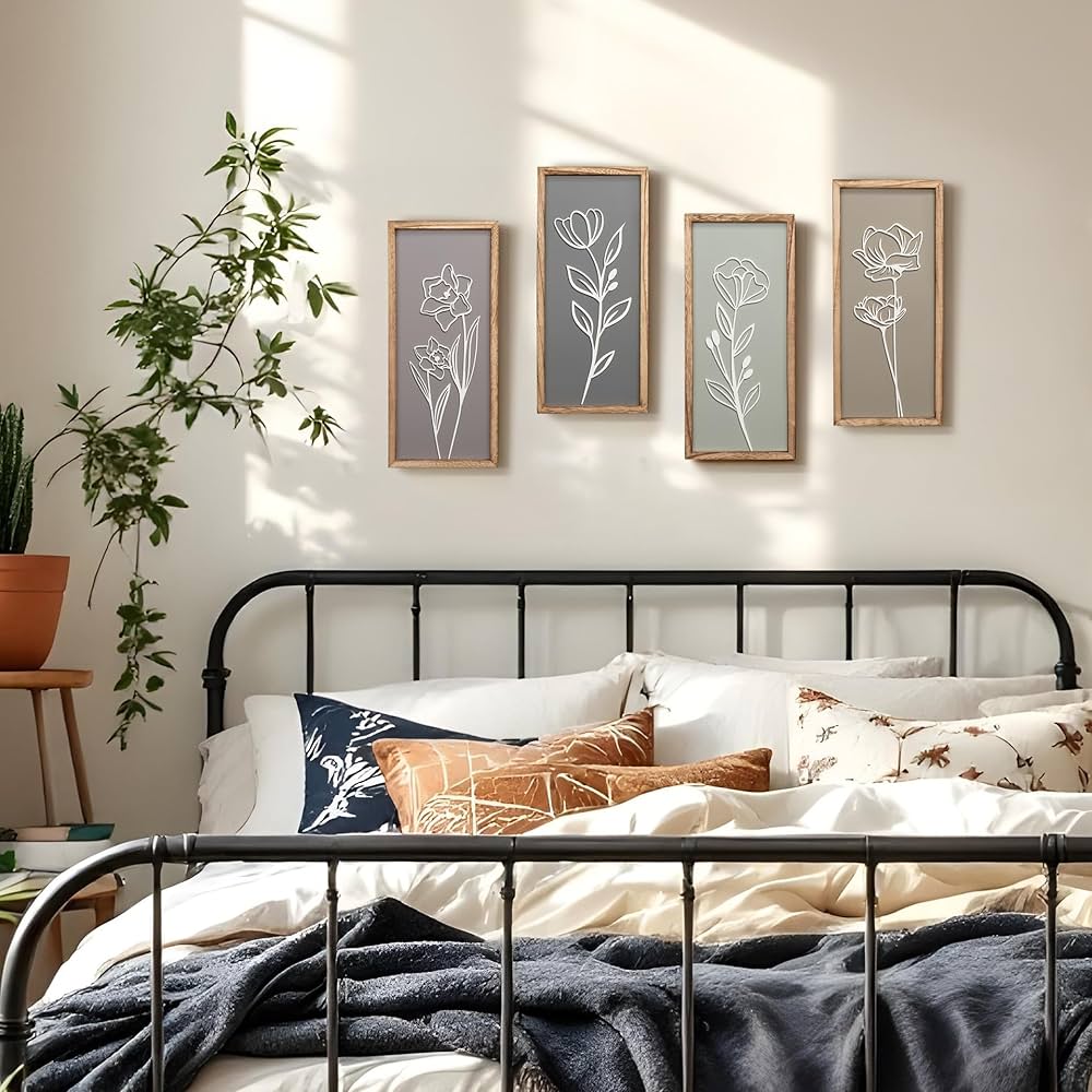 3D Wooden Floral Bathroom Wall Decor (Set of 4) Lightweight, Ready-to-Hang Framed Wall Art For Living Room, Bedroom, or Office – Premium Boho Botanical Farmhouse Decorations – Gift-Boxed