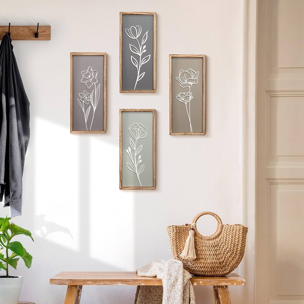 3D Wooden Floral Bathroom Wall Decor (Set of 4) Lightweight, Ready-to-Hang Framed Wall Art For Living Room, Bedroom, or Office – Premium Boho Botanical Farmhouse Decorations – Gift-Boxed