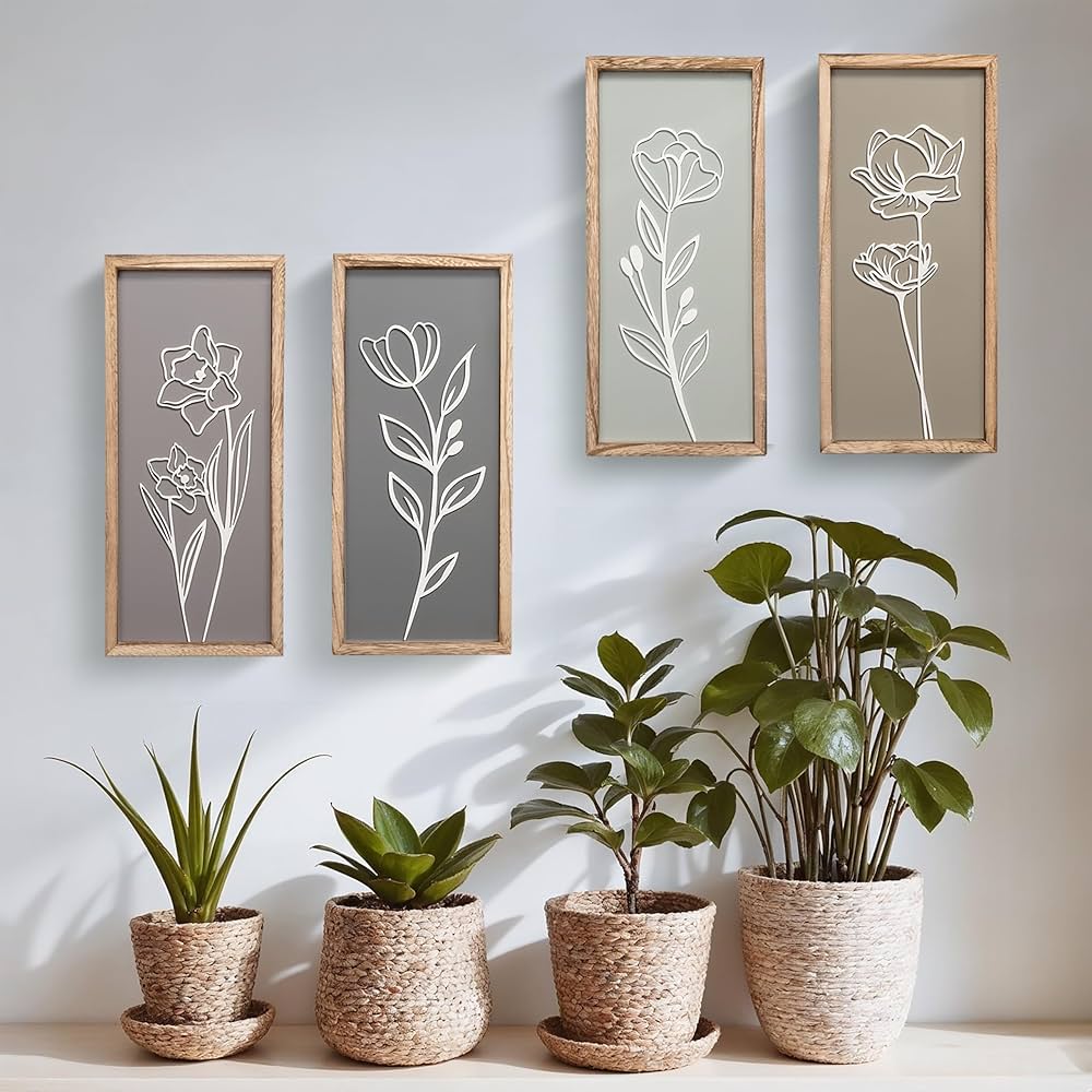 3D Wooden Floral Bathroom Wall Decor (Set of 4) Lightweight, Ready-to-Hang Framed Wall Art For Living Room, Bedroom, or Office – Premium Boho Botanical Farmhouse Decorations – Gift-Boxed